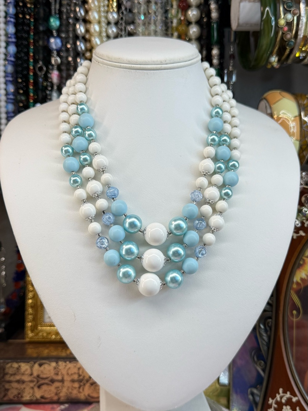 Vintage Japan Classic Triple-Strand Blue & White Beaded Necklace